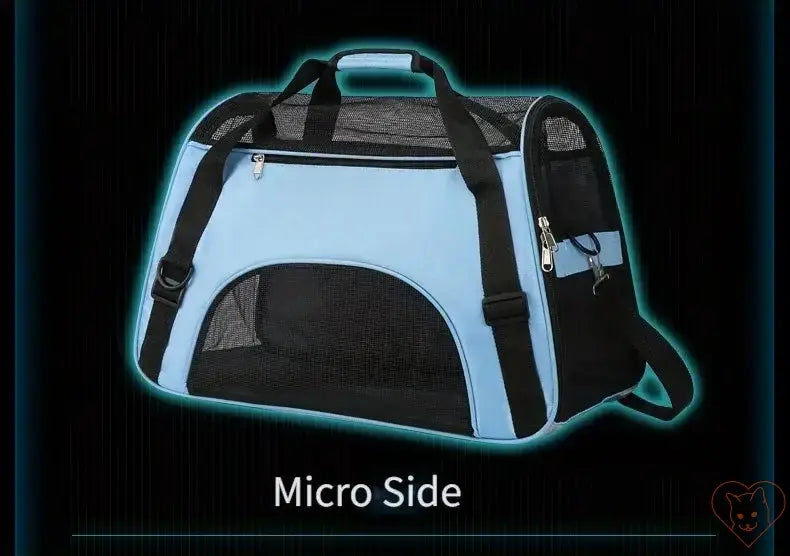 Blue breathable pet travel bag with mesh panels and sturdy straps for comfort and visibility.