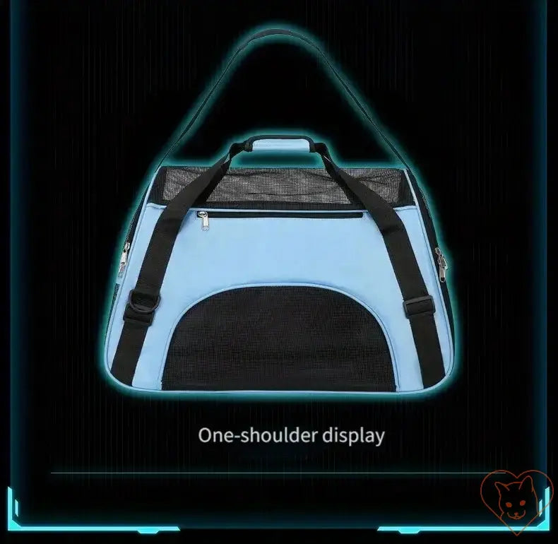 Breathable pet travel bag shown in blue, featuring one-shoulder design for easy carrying and mesh ventilation.