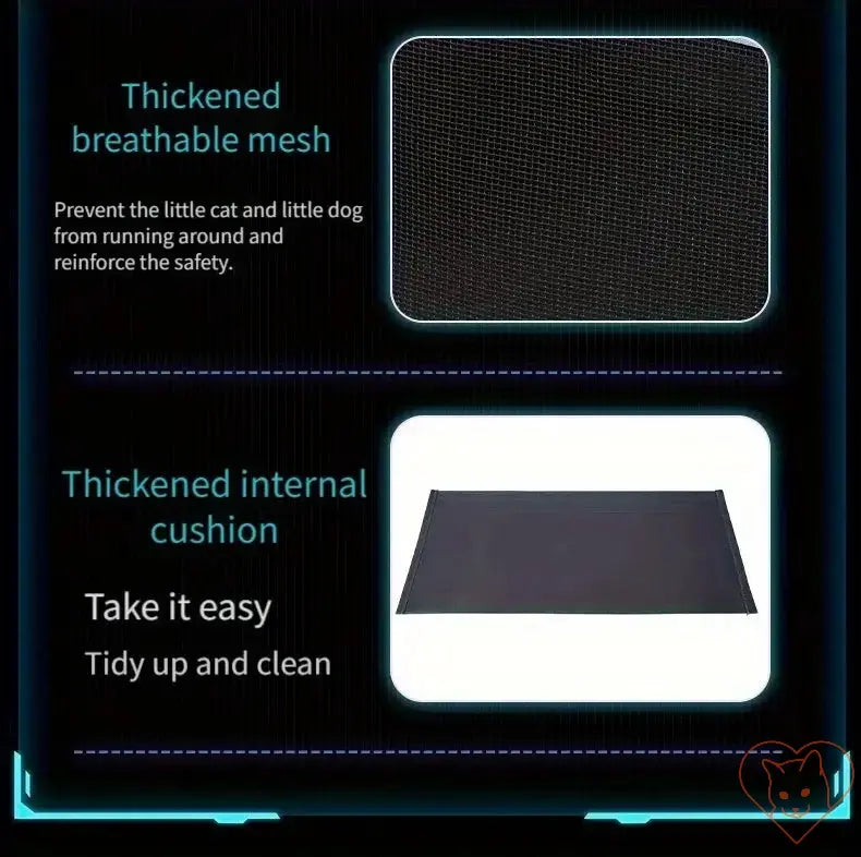 Thickened breathable mesh and internal cushion in a pet carrier, ensuring safety and comfort for cats and small dogs.