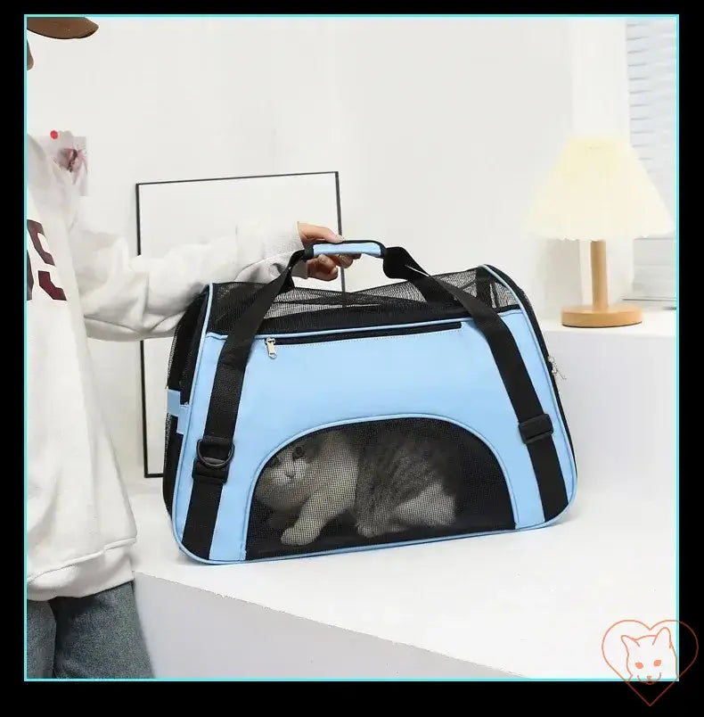 Breathable blue pet travel bag with four-sided mesh, featuring a cat inside for safe and comfortable travel.