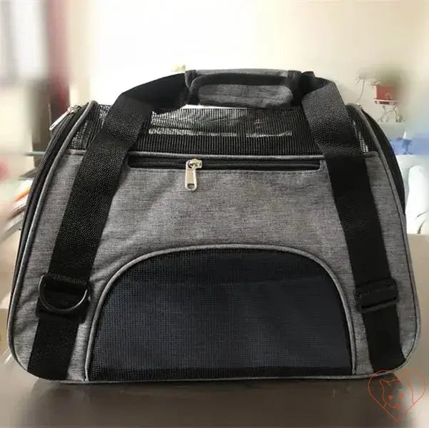 Breathable pet travel bag with four-sided mesh panels, designed for cats and small dogs, in gray color.