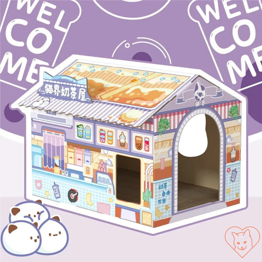 Colorful cardboard cat house with a scratching pad, featuring a cozy hideaway and playful design for cats.