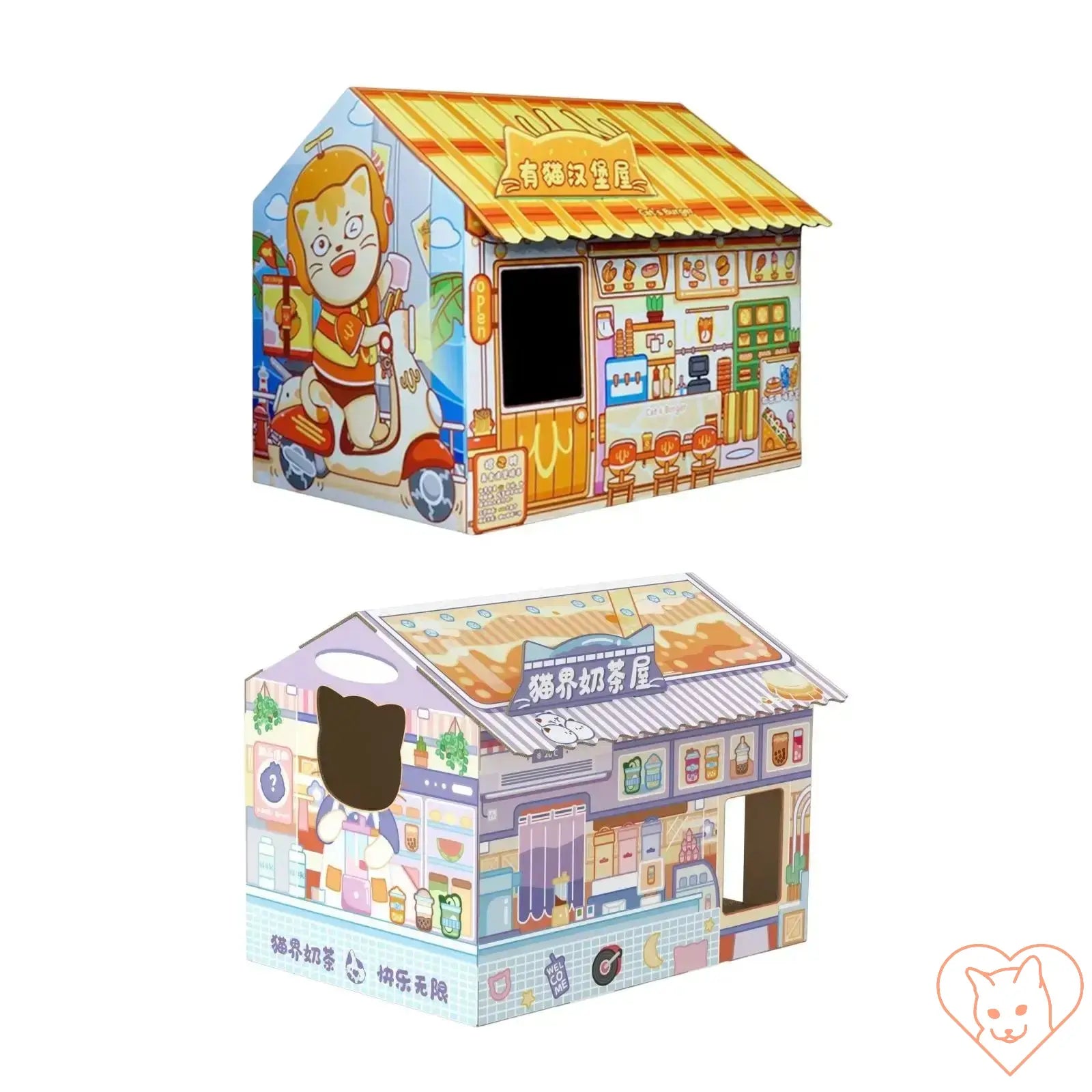 Colorful cardboard cat house designed with playful graphics and integrated scratching pad for feline fun.