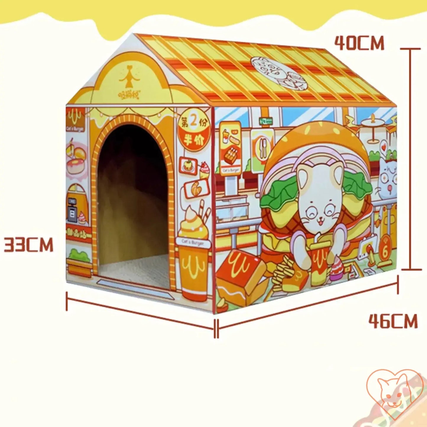 Colorful cardboard cat house with scratching pad, pizza and burger designs, cozy hideaway for cats, dimensions 40x40x33cm.