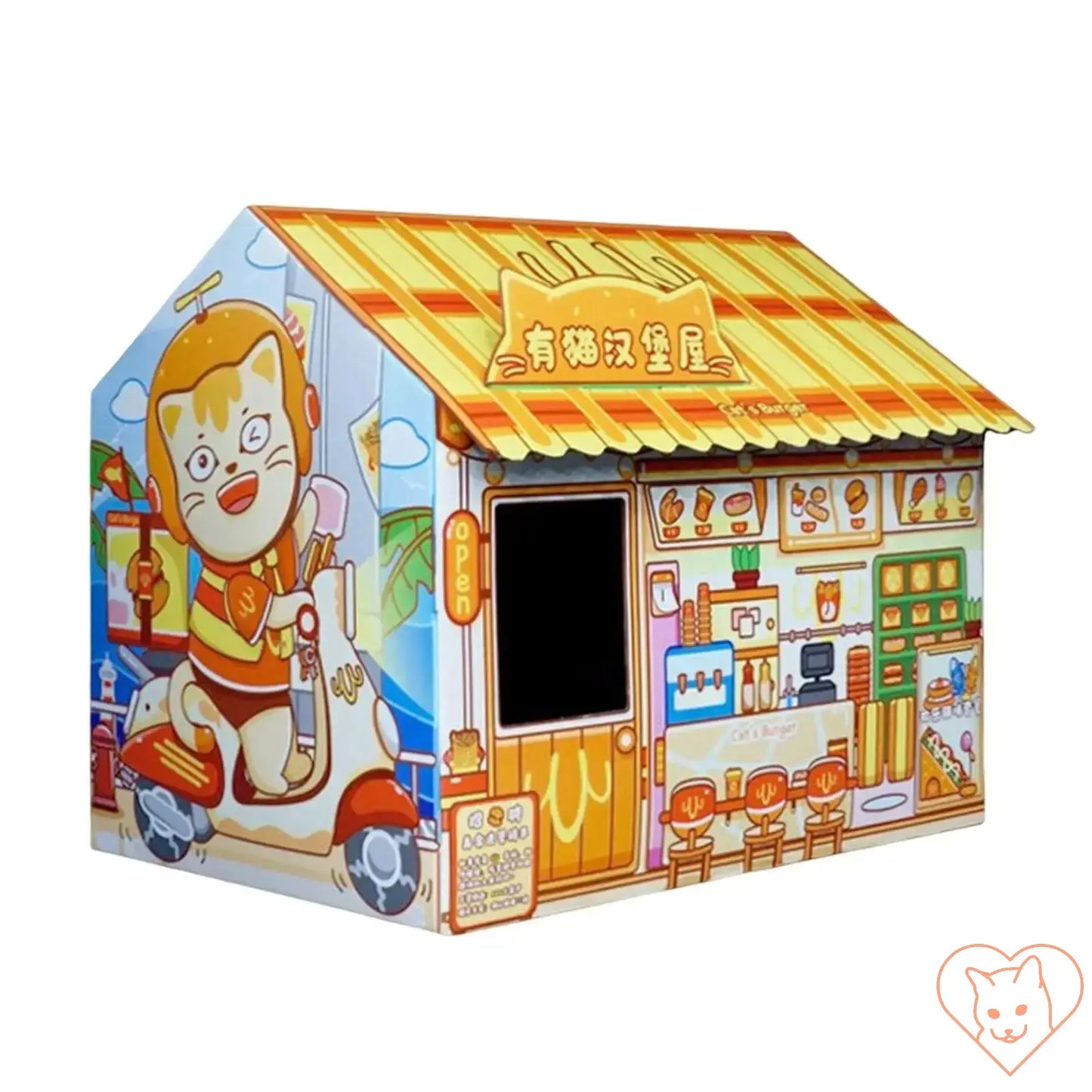 Colorful cardboard cat house with a cartoon design, featuring a playful cat character and a shop front motif.