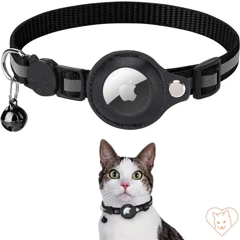 Cat AirTag holder collar in black with reflective strips and bell, designed for safety and style.