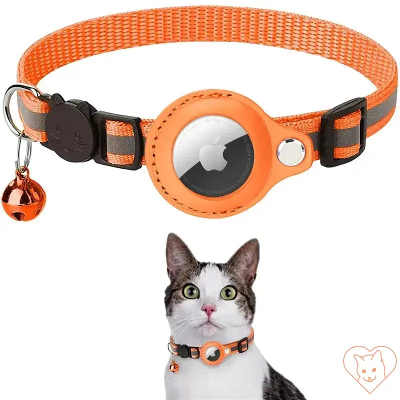 Orange Cat AirTag holder collar with reflective strips and bell, perfect for safe, stylish pet tracking.