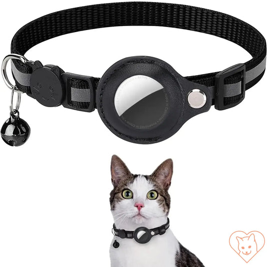 Cat AirTag holder collar featuring reflective strips, breakaway design, adjustable fit, and waterproof AirTag holder.