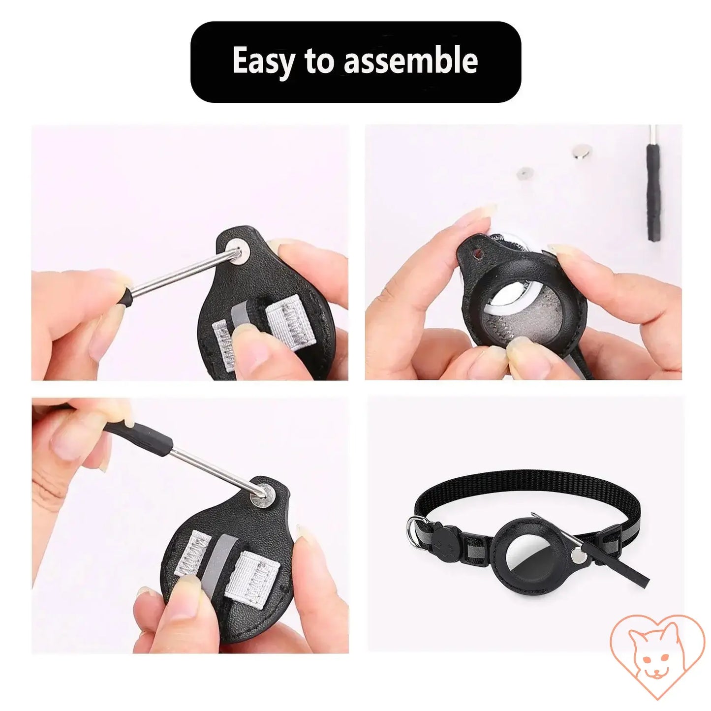 Images showing the assembly steps of the Cat AirTag Holder Collar with easy-to-follow instructions.