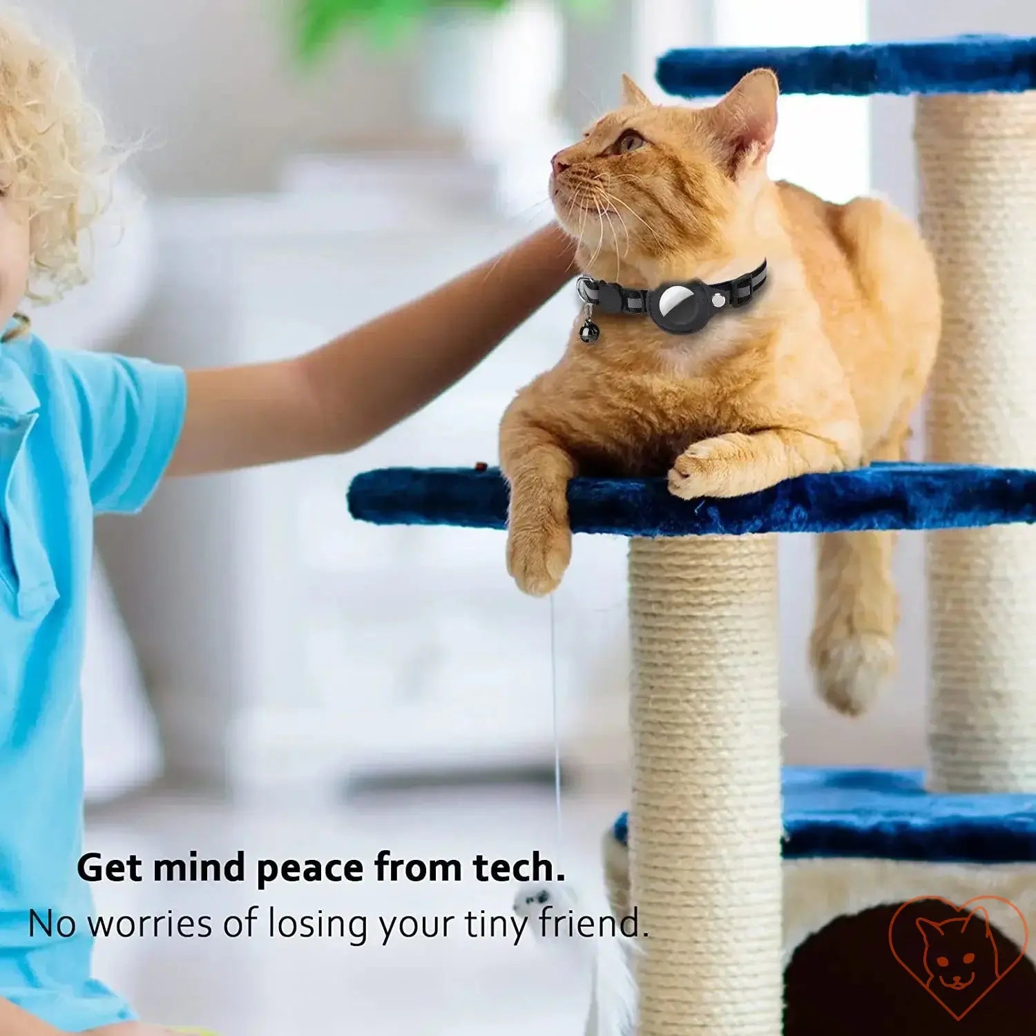 Orange cat with AirTag holder collar sitting on a cat tree, child nearby, promoting tech safety for pets.