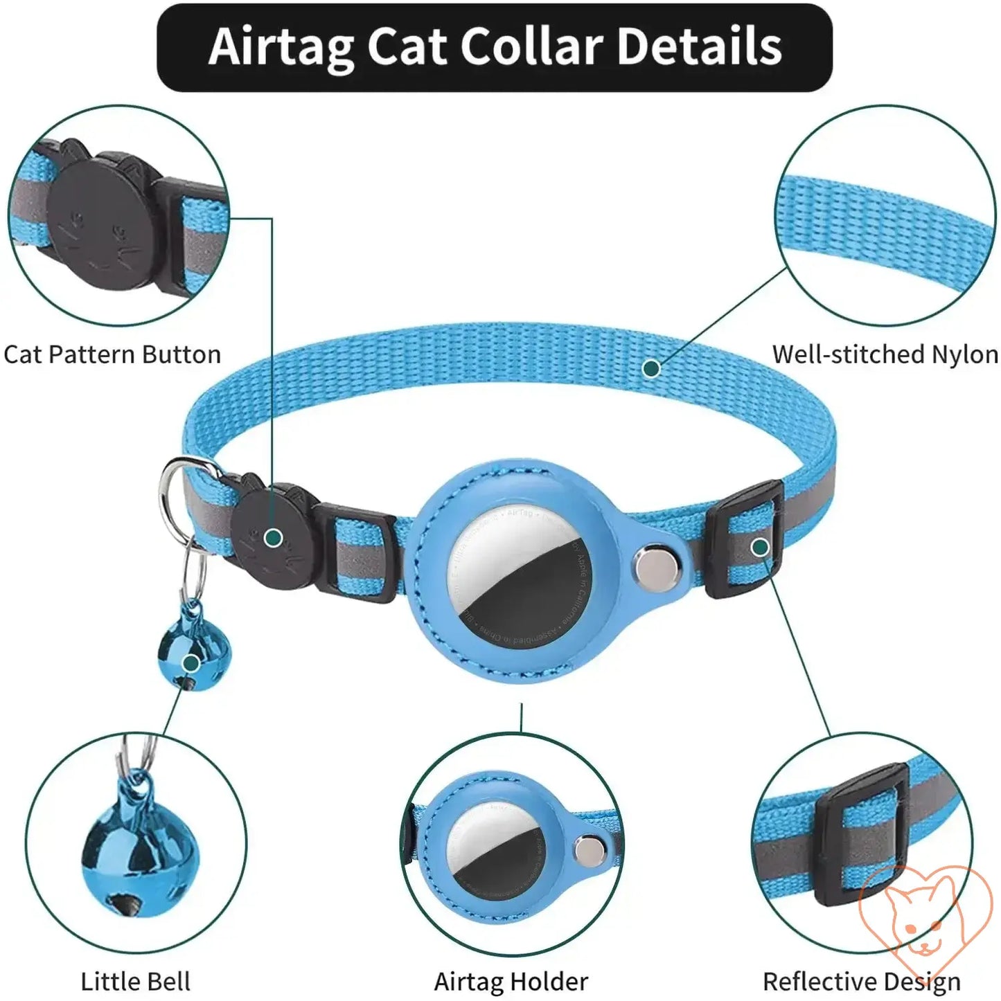 Blue Cat AirTag holder collar with reflective design, well-stitched nylon, and breakaway feature for safety.