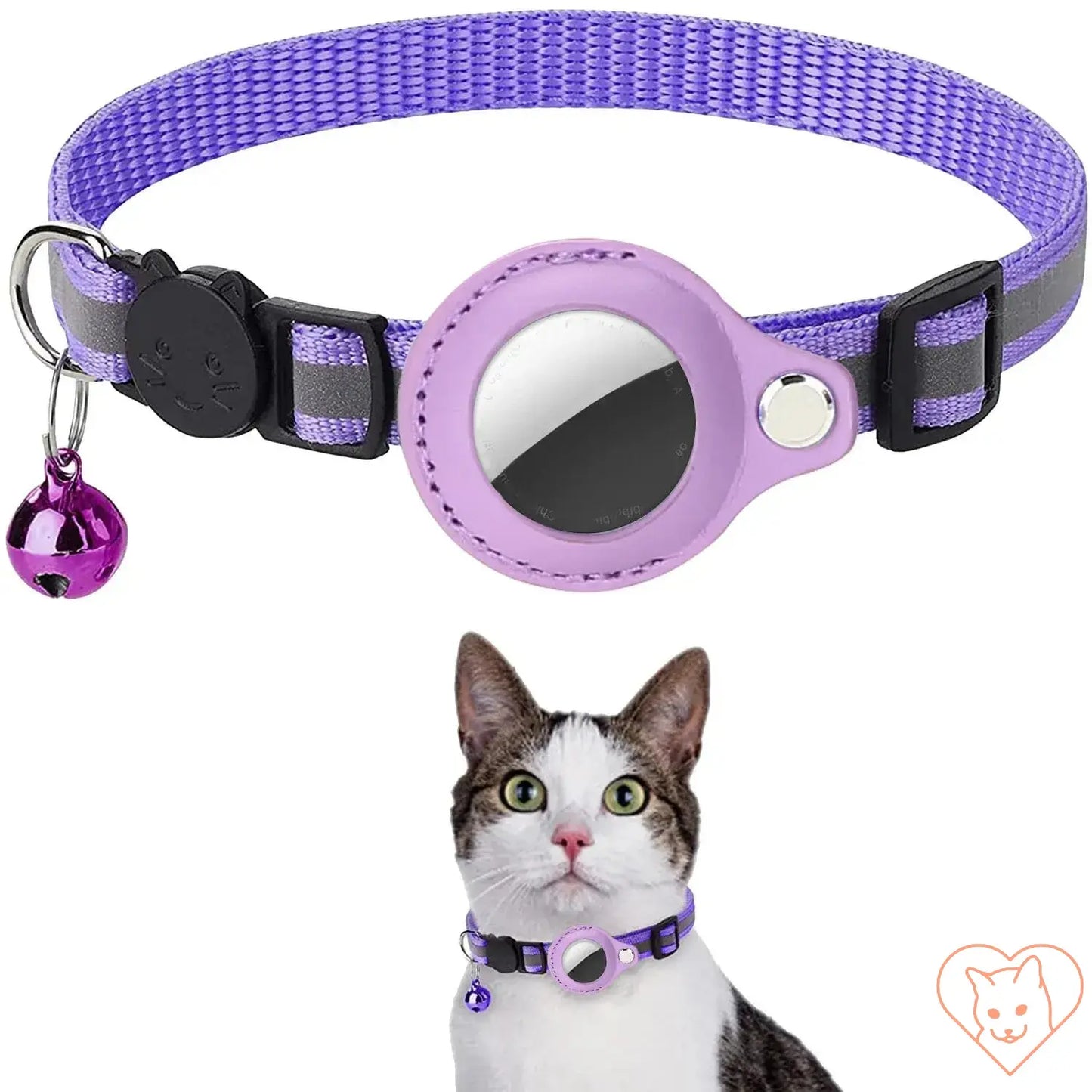 Cat AirTag holder collar in purple with Bell, reflective features, adjustable for kittens and small cats.