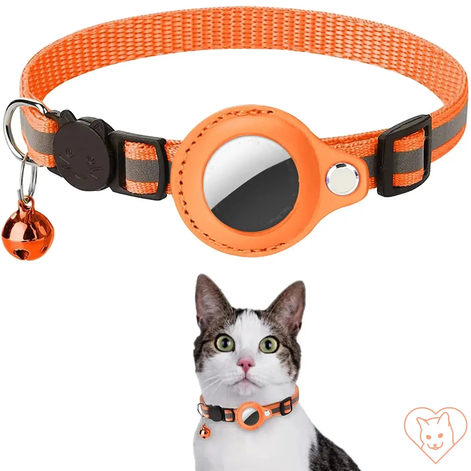 Cat wearing an orange AirTag holder collar with reflective strips, adjustable fit, and a bell.