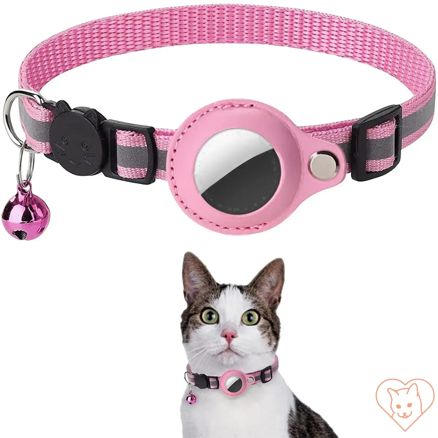Reflective pink Cat AirTag holder collar with adjustable fit and bell, designed for safety and style.