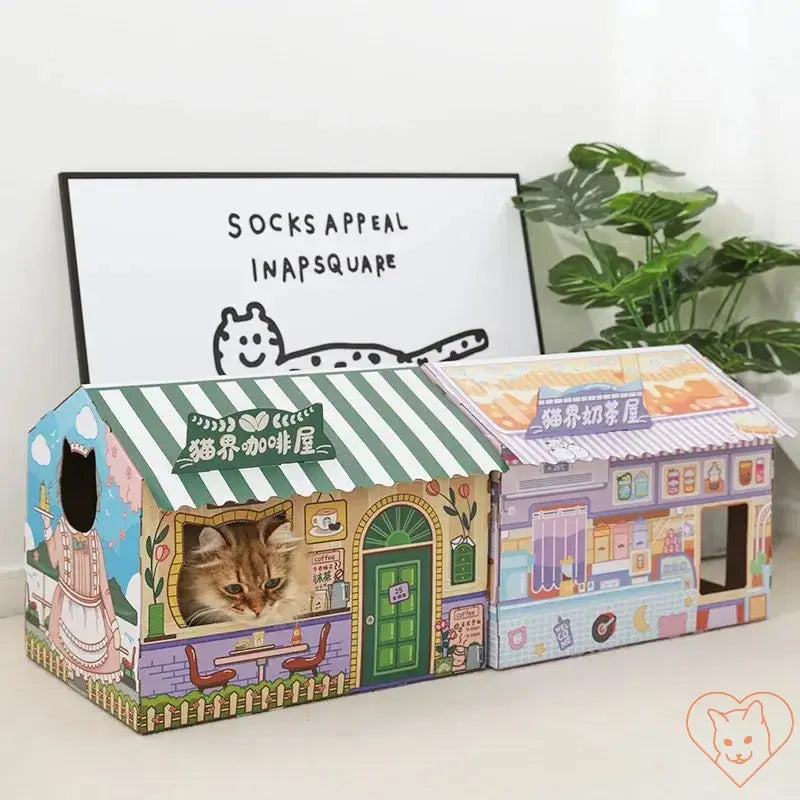 Cozy cat in an illustrated carton house with scratching board, perfect for entertainment and relaxation.