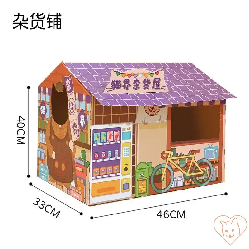 Cute cat carton house with scratching board, colorful design, perfect for feline relaxation and playtime.