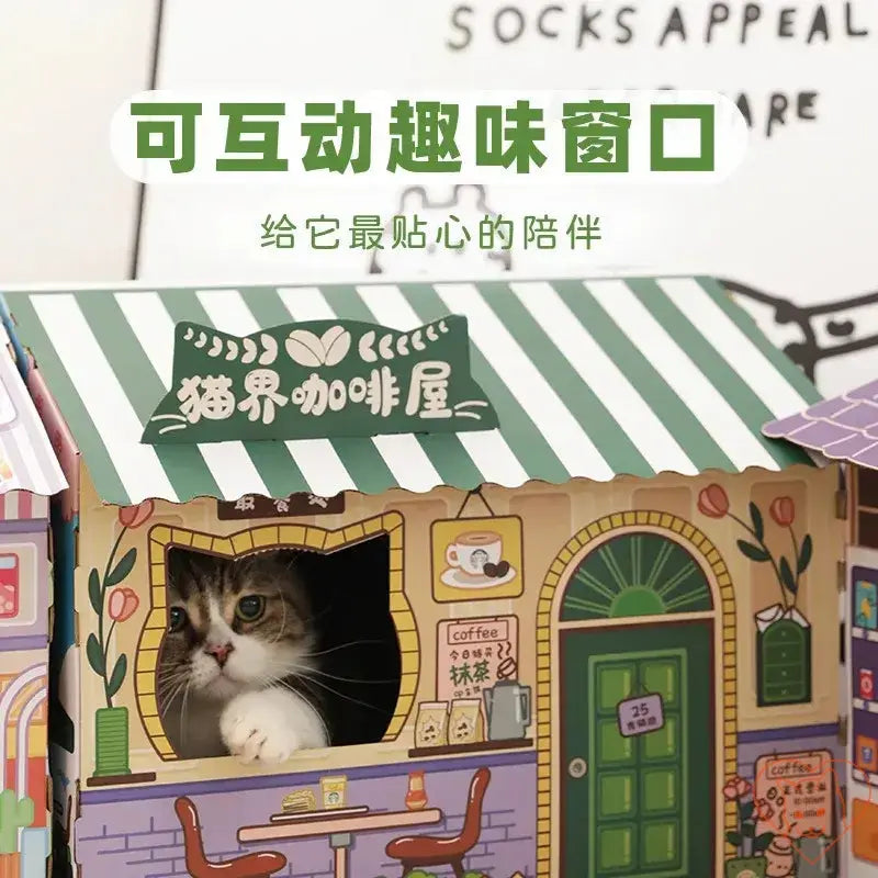 Cat peeking out from a whimsical carton house with a café theme, providing a fun hideaway and scratching surface.