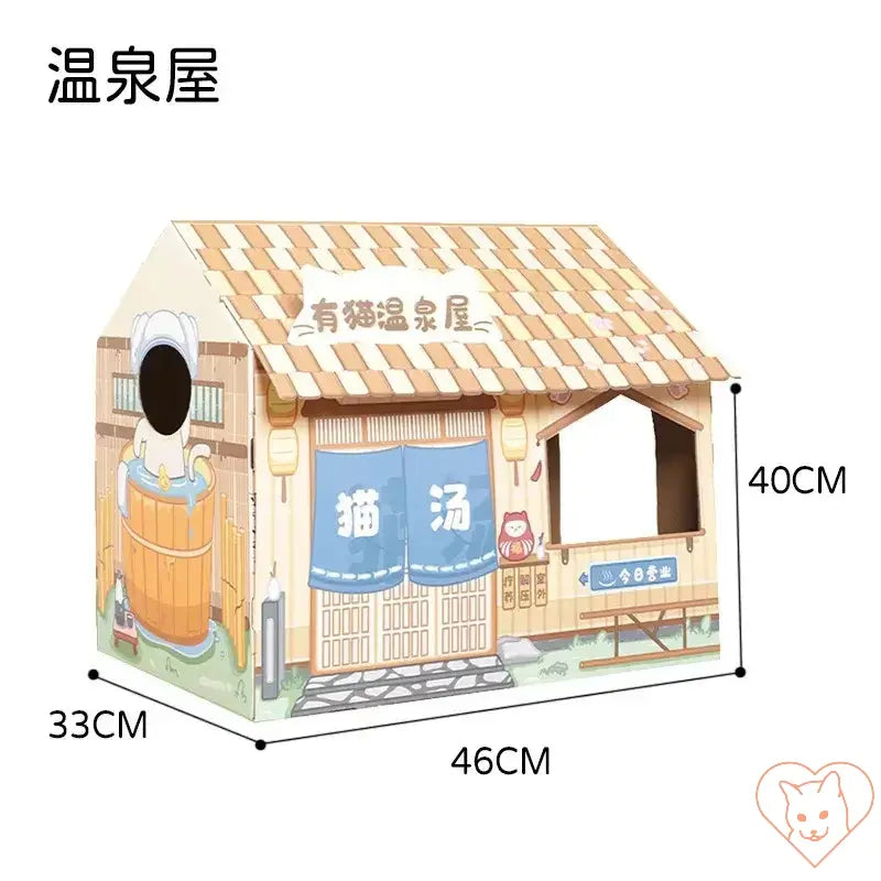 Cat carton house with scratching board, cozy design, colorful exterior, dimensions 46x33x40 cm, fun pet shelter.