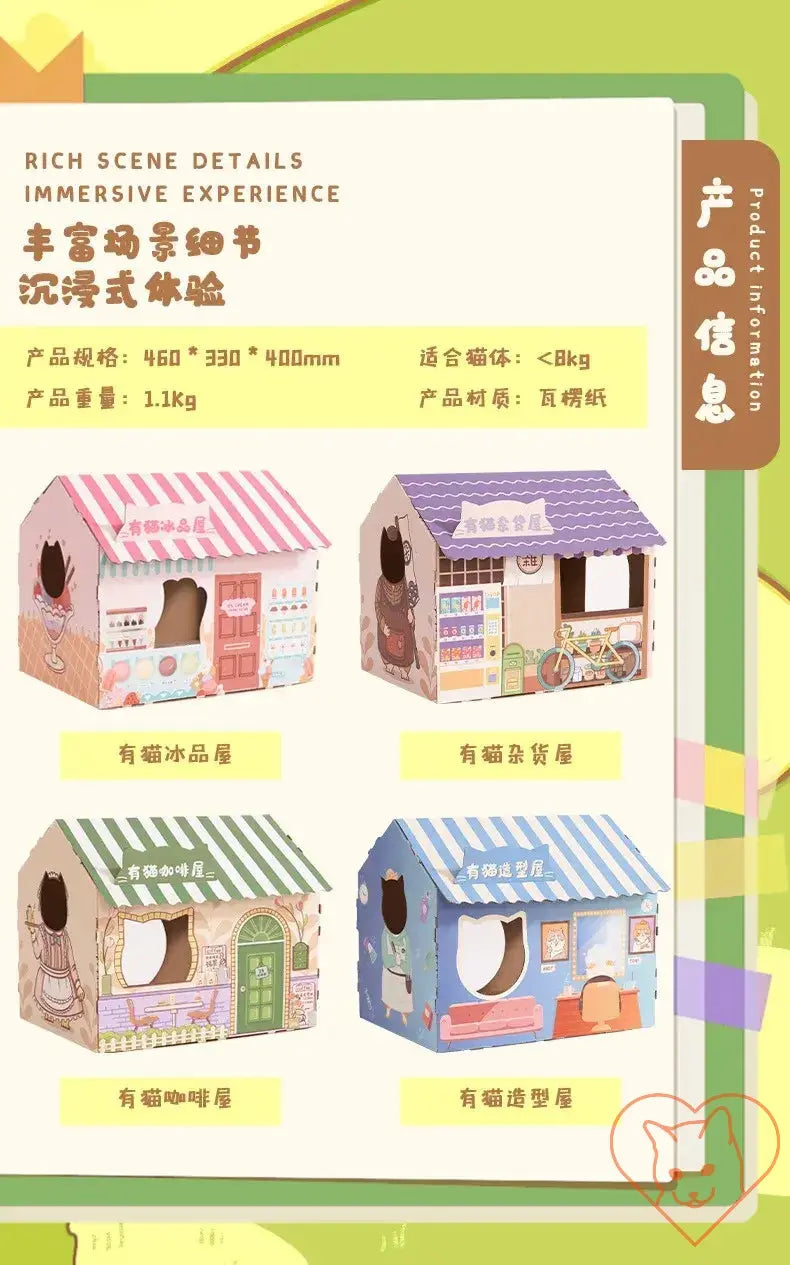 Colorful Cat Carton House designs with scratching board, providing a cozy play space for cats.