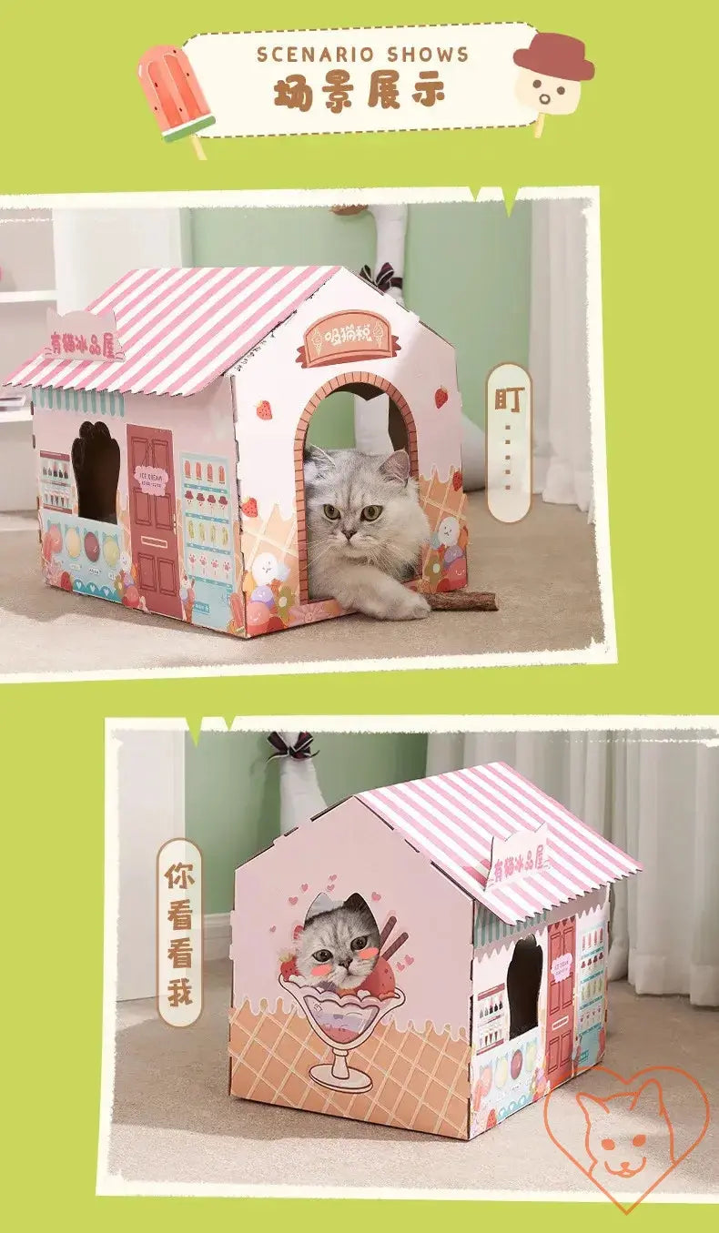 Cat inside a colorful carton house with scratching board, showcasing a cozy and fun pet space for relaxation.