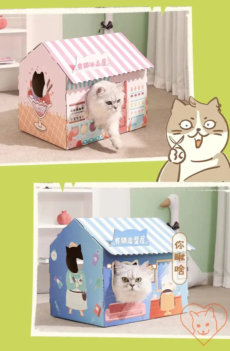 Cat exploring a fun, colorful carton house with a scratching board for play and relaxation.