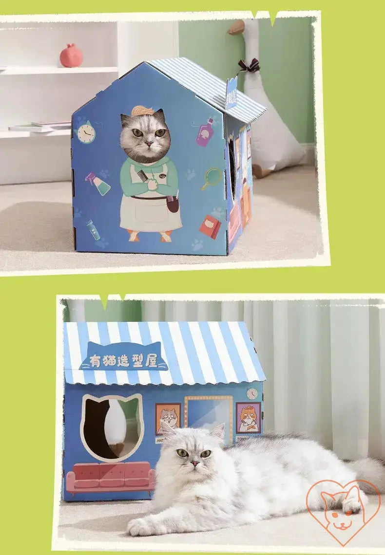 Cat carton house with scratching board, featuring a playful design and a cozy space for relaxation and entertainment.