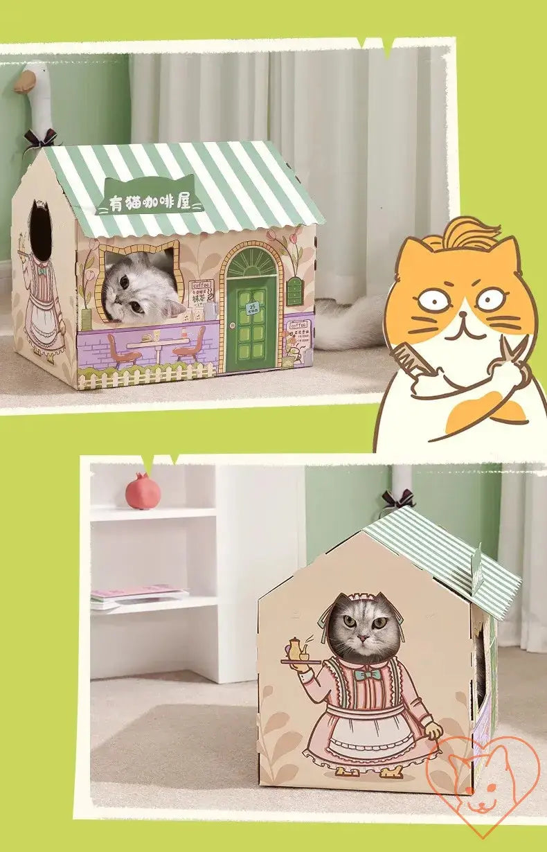 Cat enjoying a cozy carton house with a scratching board, featuring playful designs and a stylish green roof.