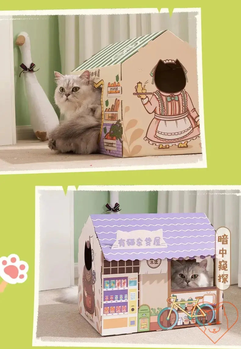 Cat lounging in a colorful carton house with scratching board, showcasing a cozy and playful design for feline enjoyment.