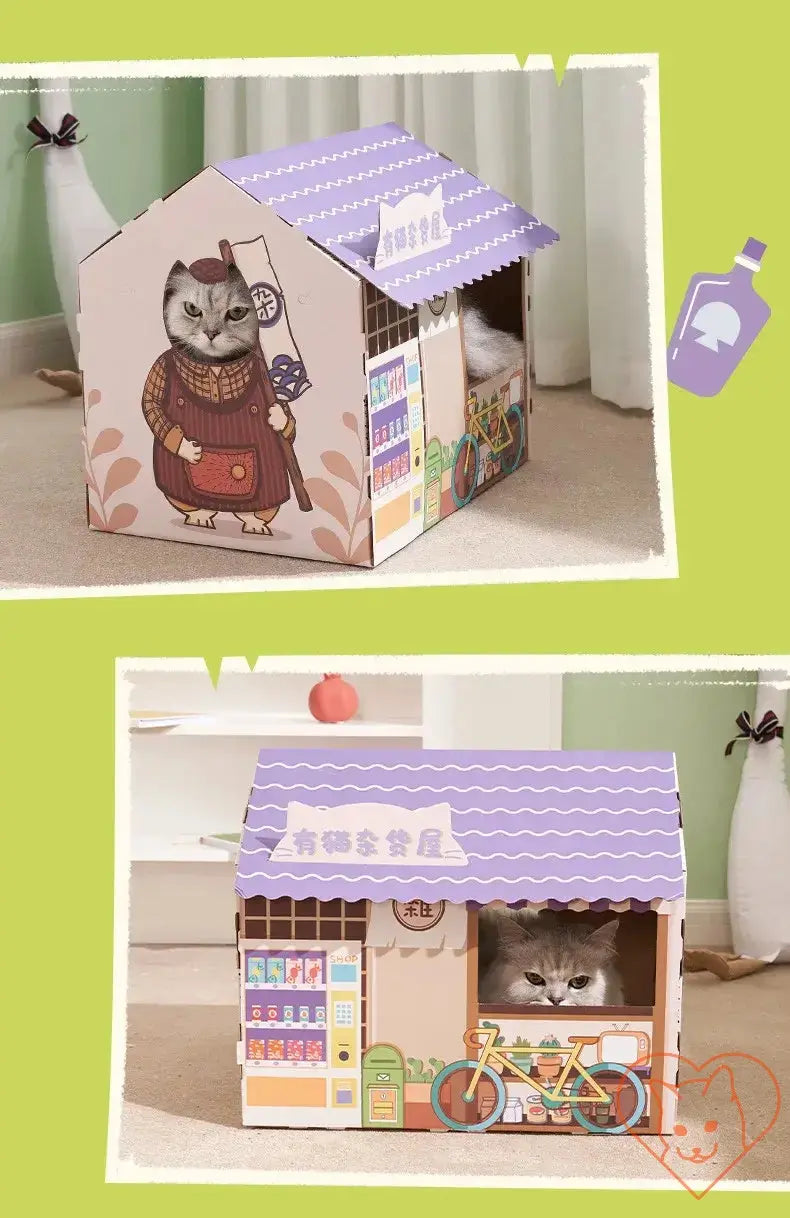 Cozy cat inside a decorated carton house with scratching board, providing relaxation and entertainment for pets.