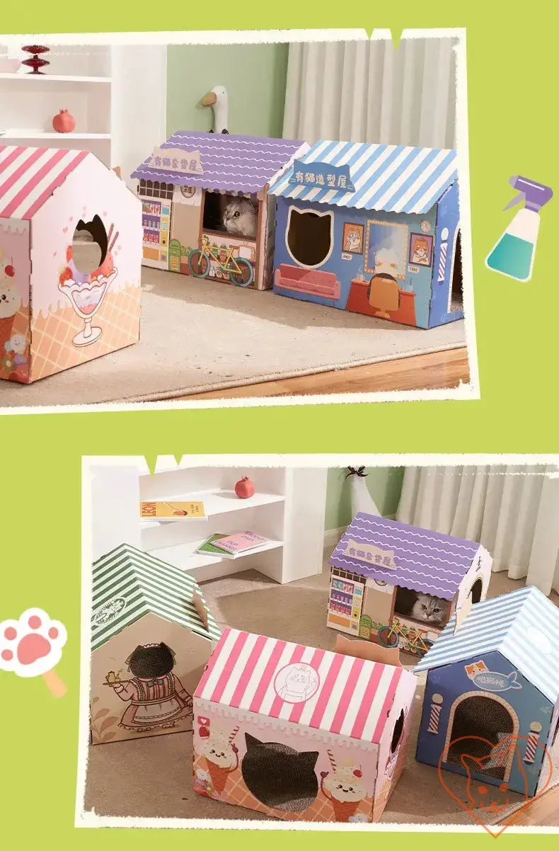 Colorful cat carton houses with scratching boards, providing cozy spaces for playful felines in a pet-friendly home.