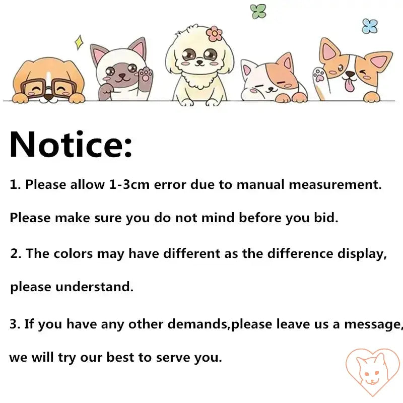 Cute cartoon animals with a notice for measurements and color display differences.