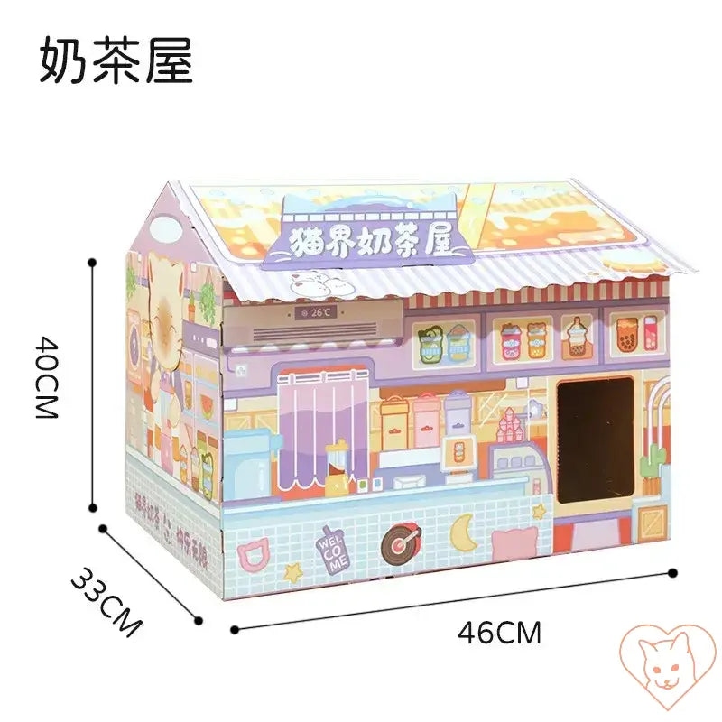 Colorful cat carton house with scratching board, measuring 40x33x46CM, perfect for feline relaxation and play.