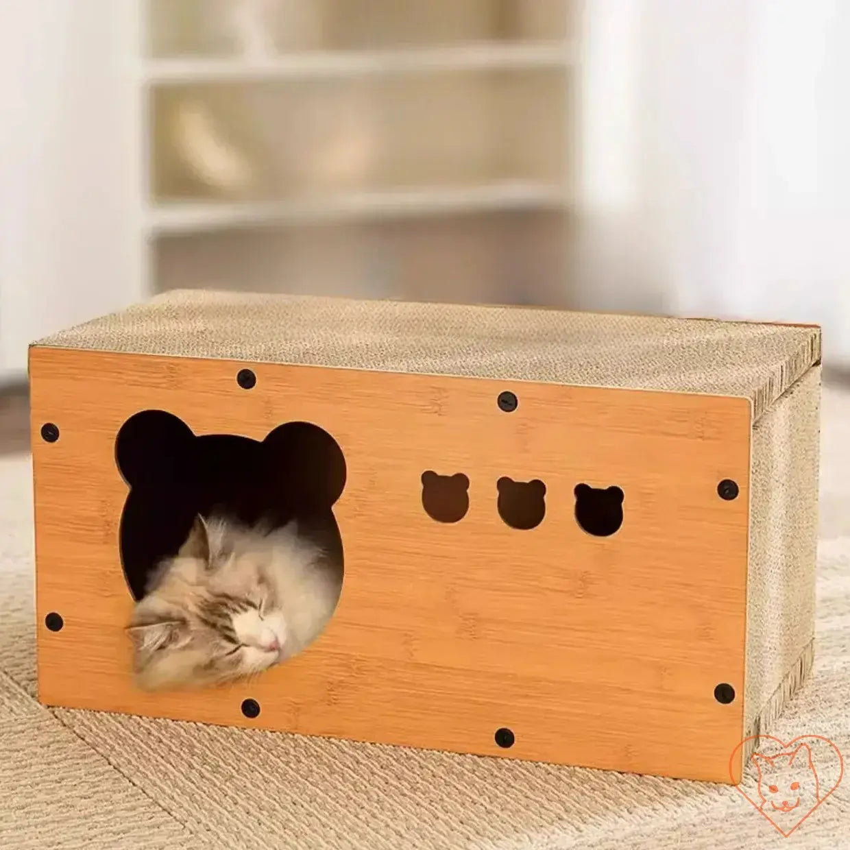 Cozy cat condo with scratcher board, featuring a cute bear design and a sleeping cat inside a hollow space.