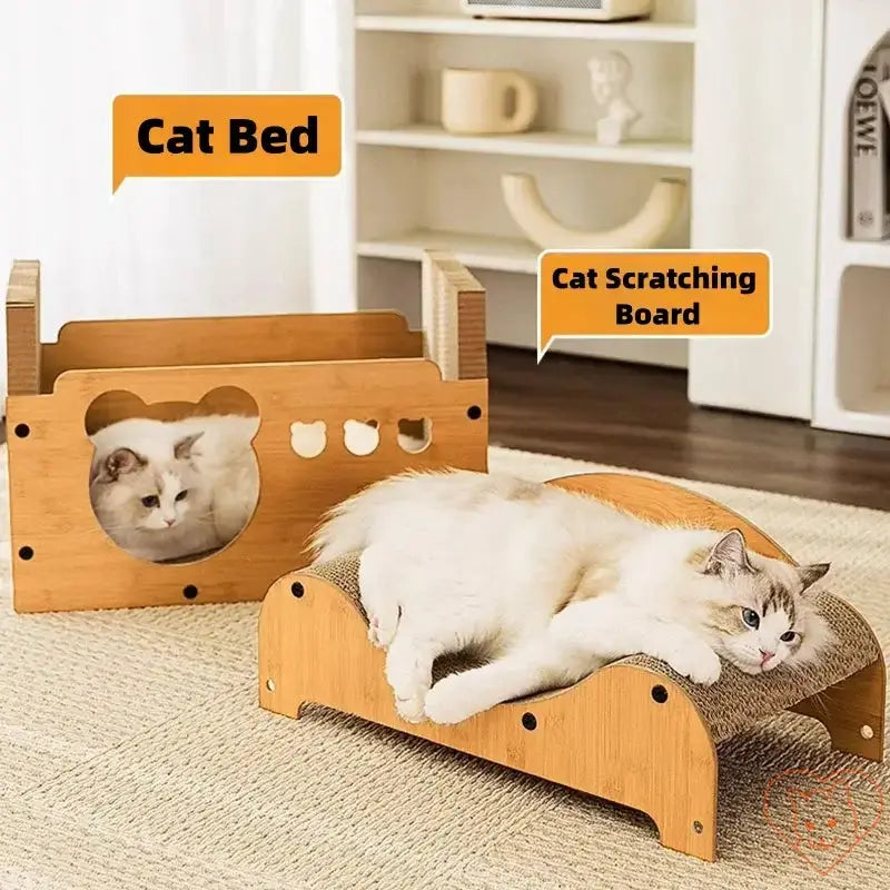 Cozy cat bed and scratching board in a stylish setup, perfect for feline relaxation and entertainment.