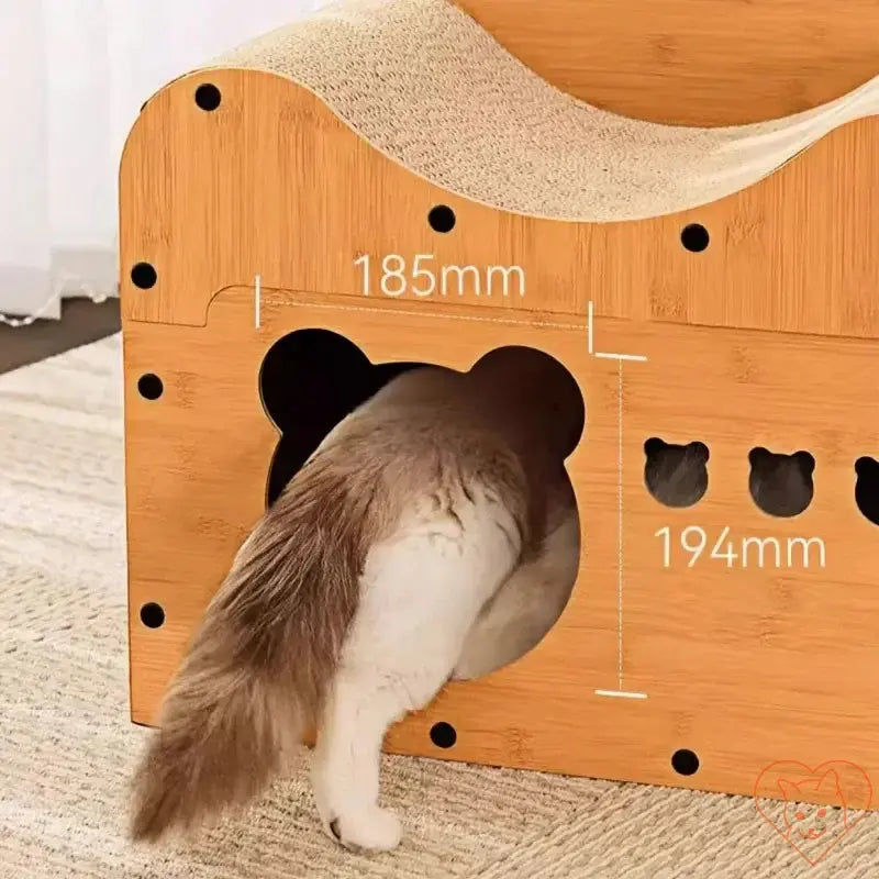 Cat entering cozy condo with scratcher board, showcasing its dual-tier design for play and relaxation.