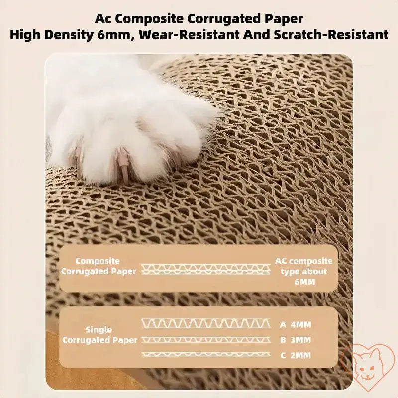 Close-up of a cat's paw on high-density AC composite corrugated paper, showcasing durability and scratch resistance.