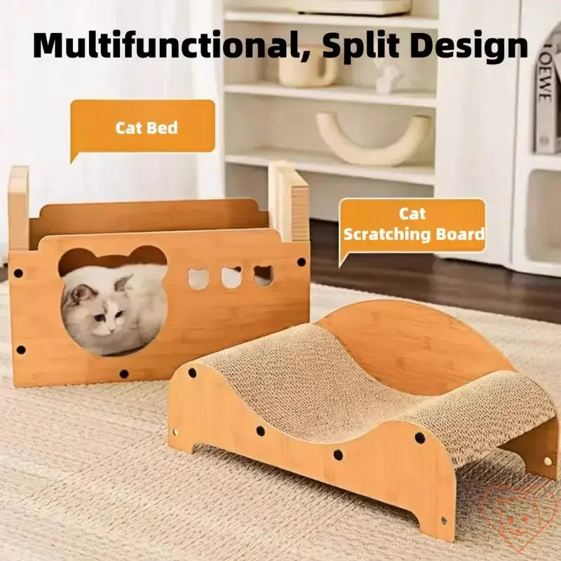 Multifunctional cat bed and scratching board in a split design for cozy feline relaxation and scratch play.