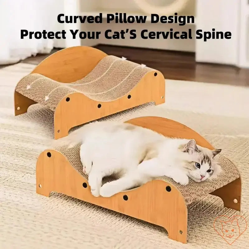 Curved cat scratcher and bed designed to protect feline's cervical spine, featuring a cozy resting area.