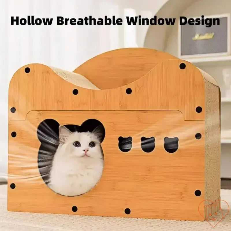 Cat condo with a breathable window, featuring a cozy design for pet comfort and scratching fun.