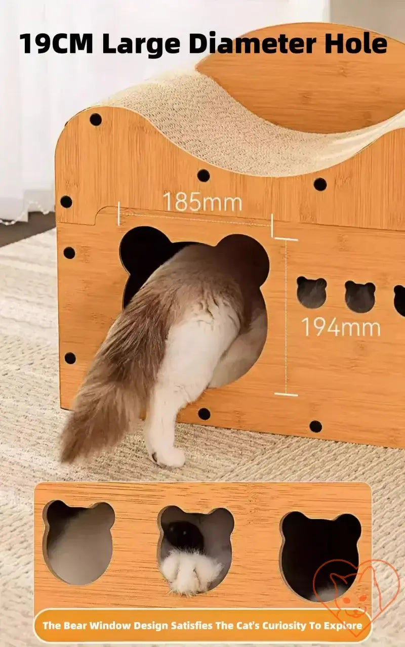 Cat exploring a bear-shaped hole in a cozy cat condo with scratcher board, large diameter entrance.