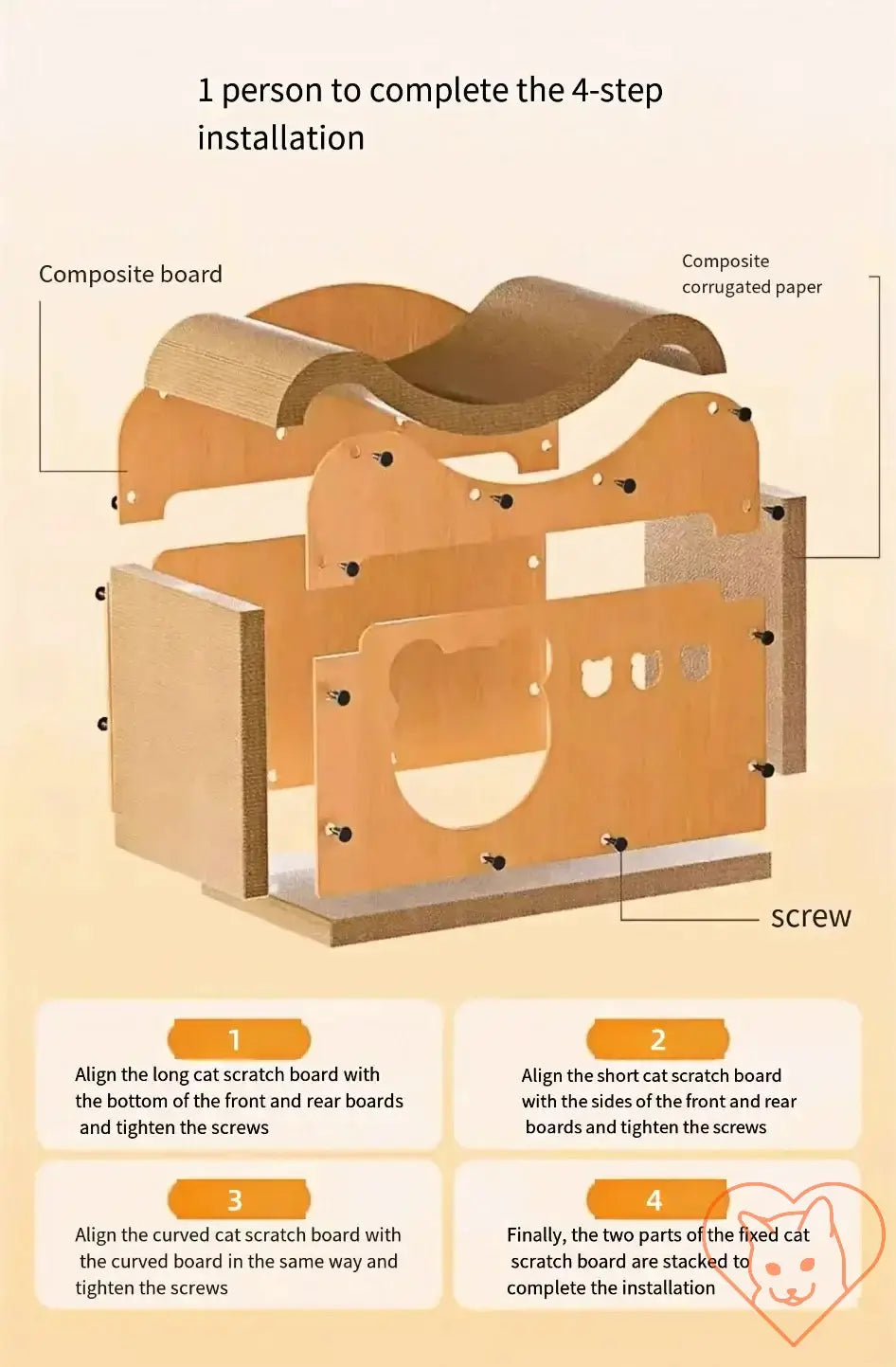 Installation guide for a Cat Condo with Scratcher Board, showing 4 easy steps for assembly.