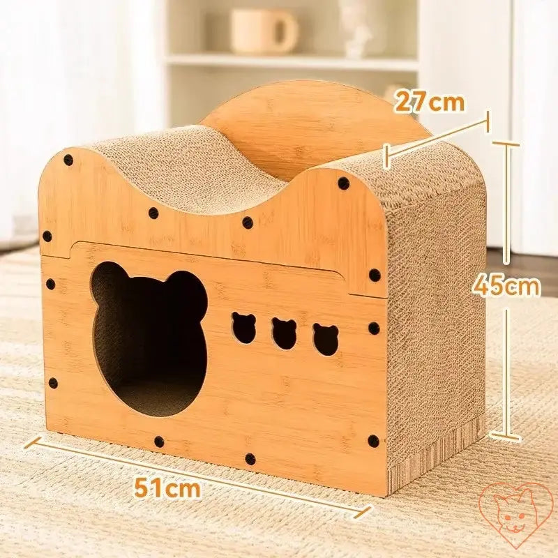 Cat condo with scratcher board and cave, made of durable bamboo, dimensions: 51cm x 27cm x 45cm, perfect for feline comfort.