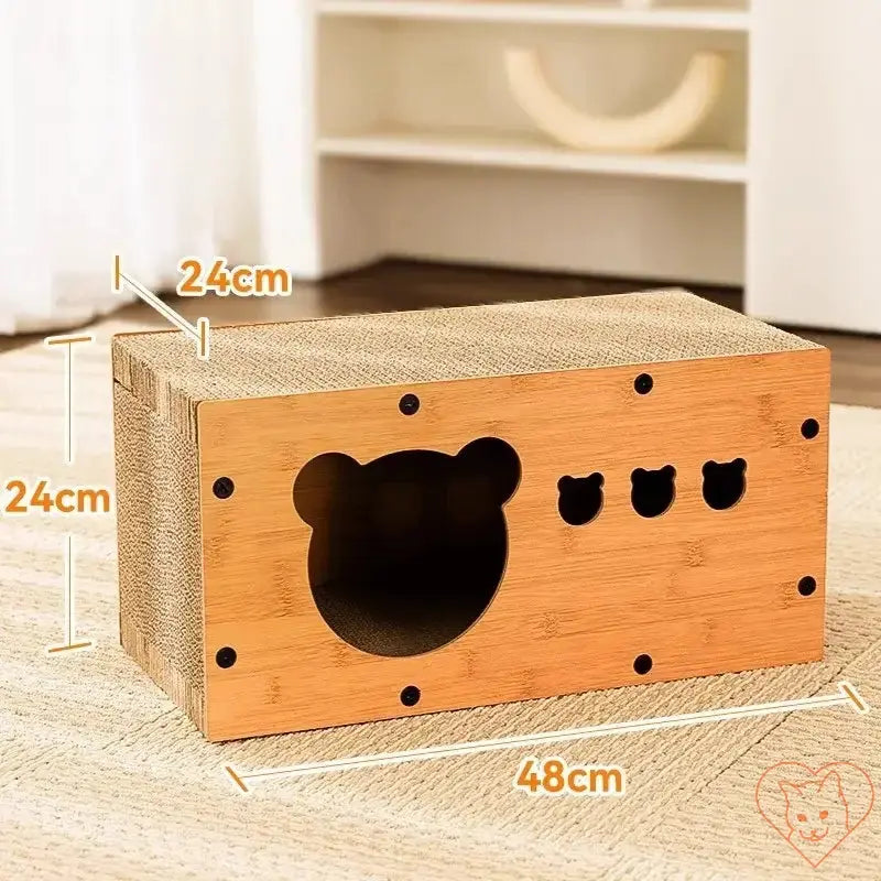 Cat condo with scratcher board, features bear-shaped entrance, double-tier design, dimensions 48cm x 24cm x 24cm.