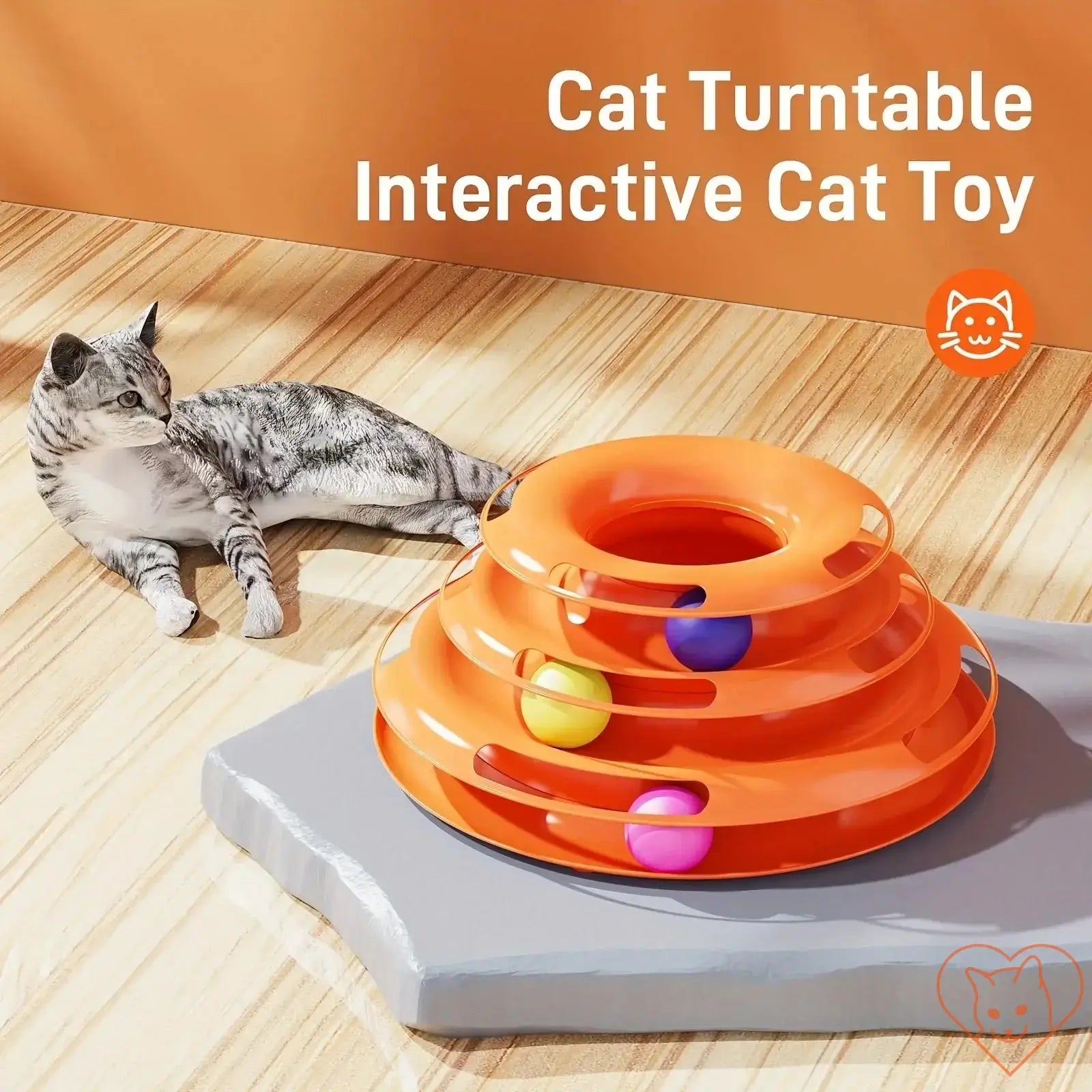 Interactive Cat Turntable Toy with colorful balls and a cat nearby, perfect for feline entertainment.