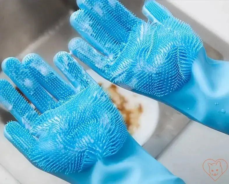 Blue cat grooming gloves with silicone tips for de-shedding and cleaning, ideal for a soothing grooming experience.