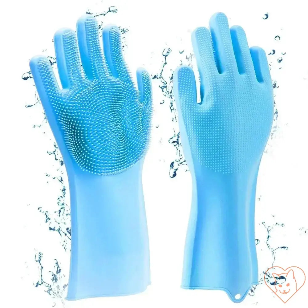 Blue cat grooming gloves made of eco-friendly silicone for gentle de-shedding and cleaning.