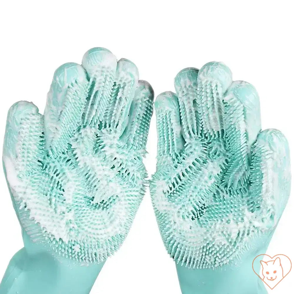 Cat grooming gloves with soft silicone tips for gentle cleaning and de-shedding, ideal for pet care.