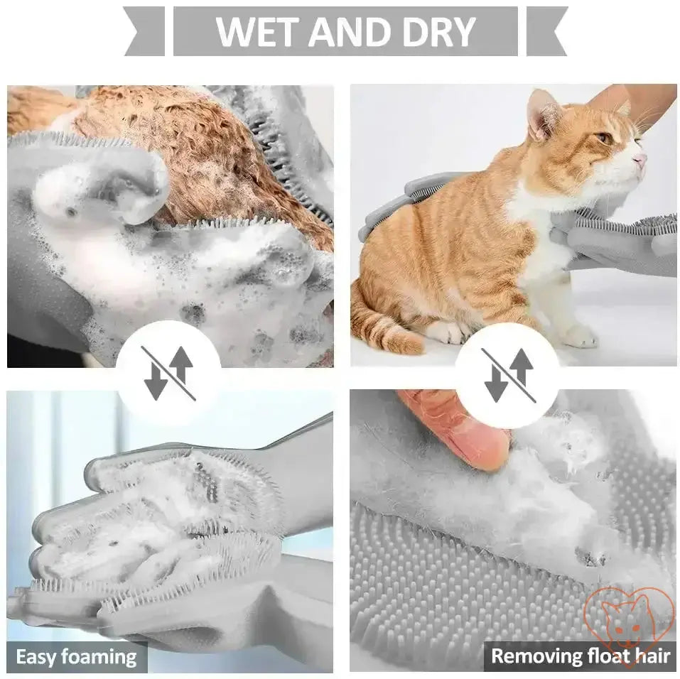 Cat grooming gloves in action, demonstrating wet and dry use for easy cleaning and de-shedding.