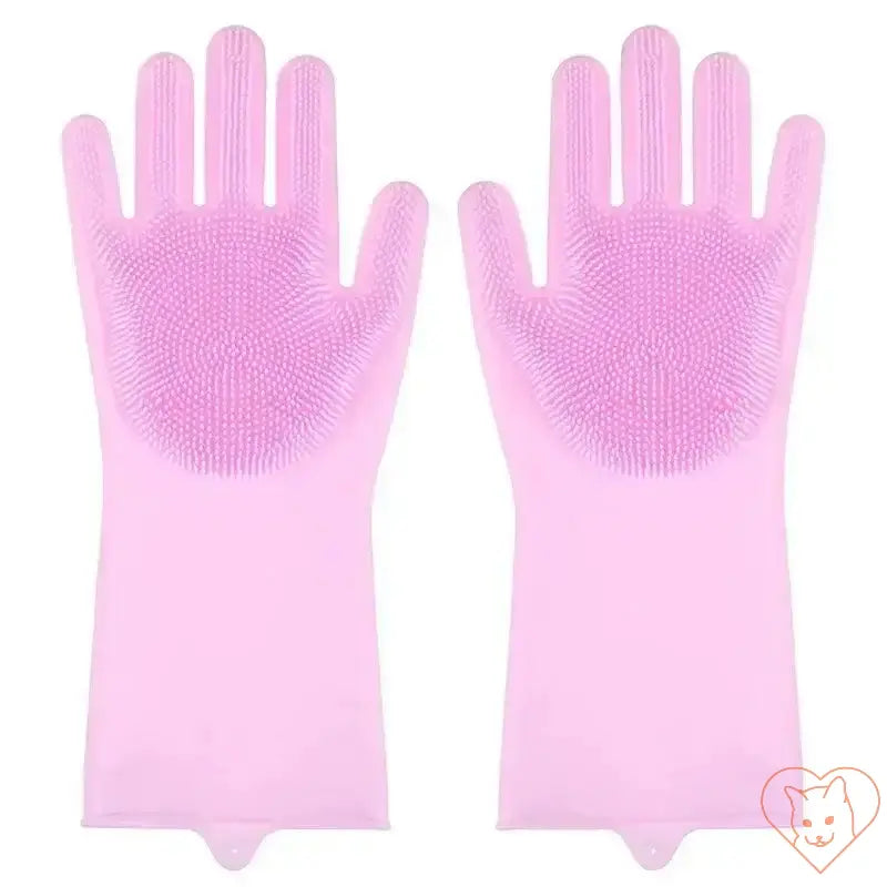 Pink cat grooming gloves with silicone tips for gentle de-shedding and cleaning, designed for comfortable use.