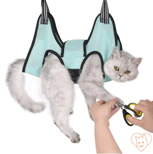 Cat Grooming Hammock Helper with a grey cat and scissors for safe grooming without stress.